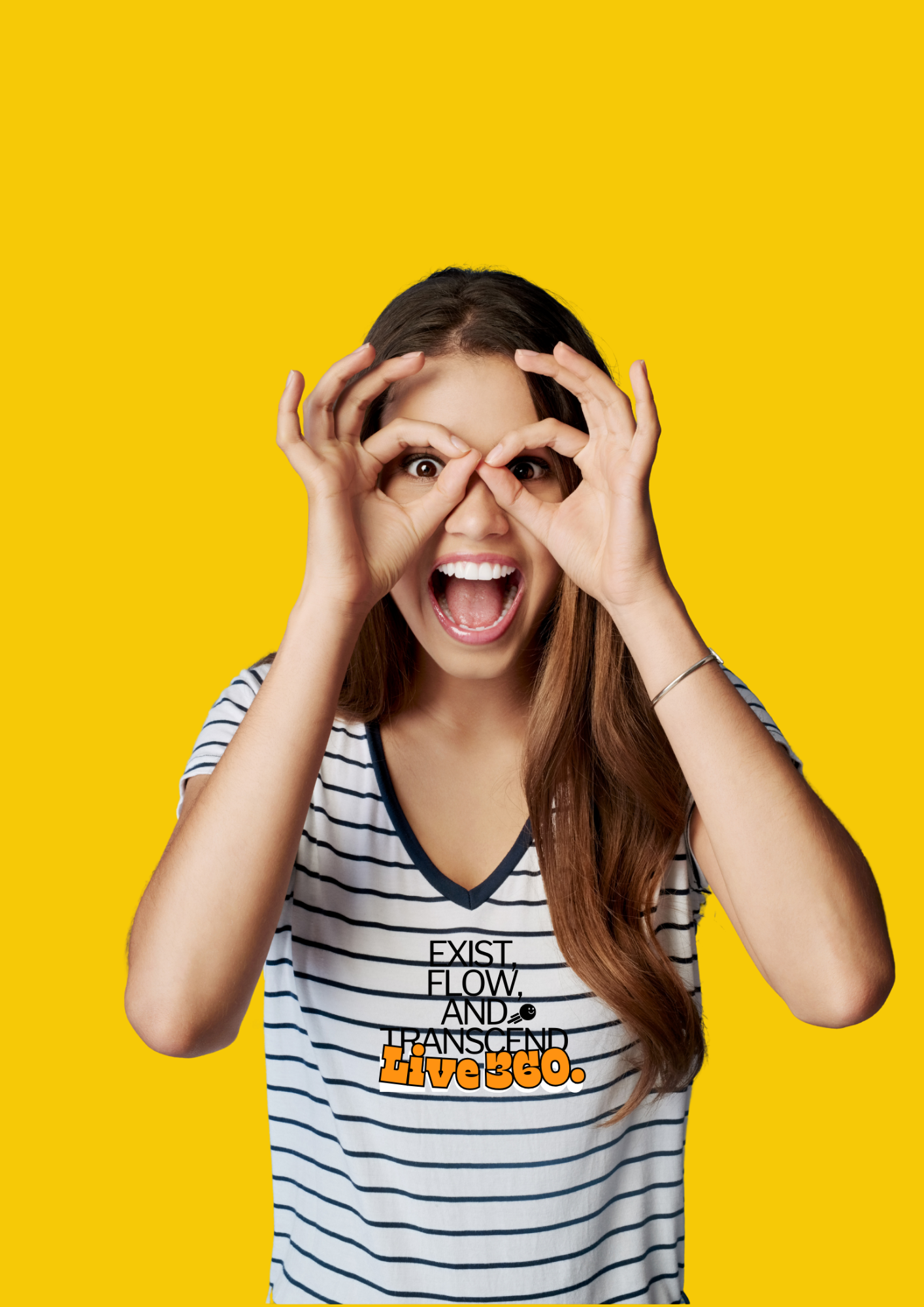 Teen girl wearing a striped black and white t-shirt that reads "Exist, flow, transcend". She is making fun, with fingers in circle over each eye, laughing. Symbolizes living a wholly life, that is, paying attention to the 3 life modes for how to be happy